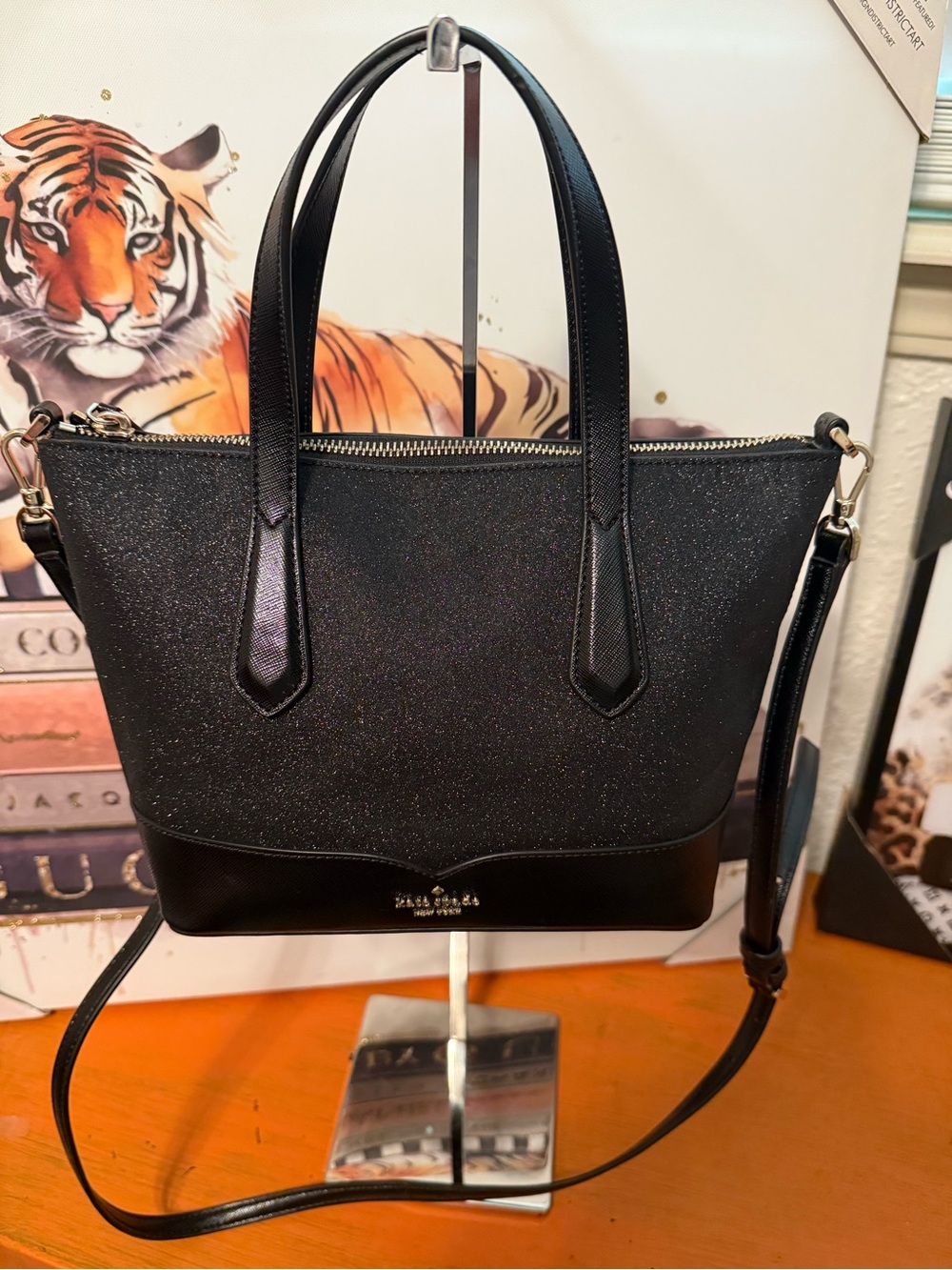 Kate Spade Glitter Lola Black Small Satchel W/ Crossbody Strap